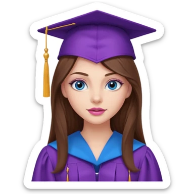 girl with gorgeous long brown hair, blue eyes, long lashes makeup, sexy pink lips, wearing a purple graduation cap and gown sticker