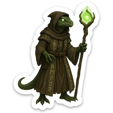 lizard man wizard, ancient runes, glowing eyes, magical staff sticker
