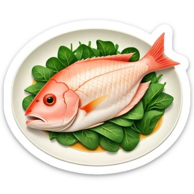 Cinematic fresh snapper fillet, pan-seared to golden perfection, soft and flaky texture, resting on a bed of sautéed greens, warm glowing background, refined and elegant. sticker
