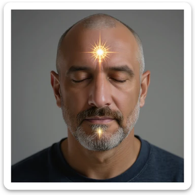 Vertical portrait, only the man's face, realistic style: meditative expression, symbols of energy radiating from the face, atmosphere of deep regeneration during fasting. sticker