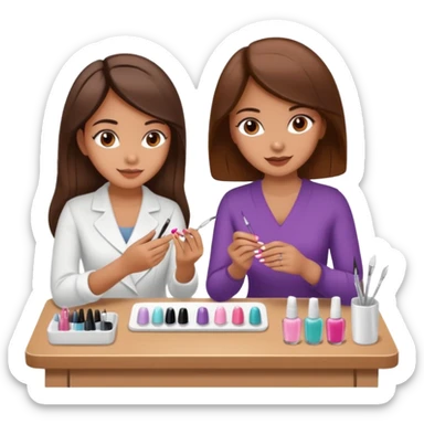 A realistic illustration of a girl with medium-length thick brown hair sitting at a manicure table. Another girl is carefully doing her nails, using professional manicure tools. Soft natural lighting, clean salon environment, detailed hands and nail work, warm and pleasant atmosphere. sticker