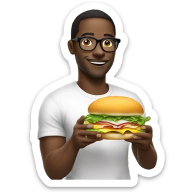 black man glasses white t shirt, eating sandwich sticker