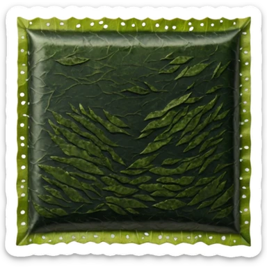dried seaweed sheet nori, rectangular, deep green to olive, uneven edges, papery texture, thin and crisp, subtle glossy reflections, no packaging, no extra items, no faces, clean 3D, soft shadows, transparent background, emoji scale sticker