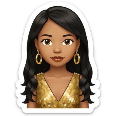 Michelle Williams R&B Singer, Long Black Hair, Medium Dark Skin, Brown Eyes, Gold Dress with earrings sticker