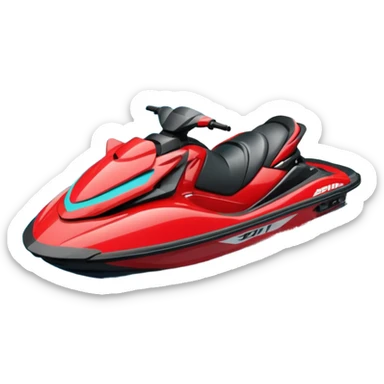 jet ski (red black and white all in the same amount. maybe a red a bit more dominant) on the sea. show the sea under the jet ski - blue with turquoise. no sky - white background instead. DO NOT REMOVE THE SEA AND THE WHITE WHEN FINALIZING!  NO ONE ON THE JET SKI  sticker