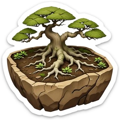 Aged Roots Stoneware akadama moss on soil irregular angular Stone Age rocks cracked crags and broken rough edges forming a very shallow Yixing bonsai pot sticker