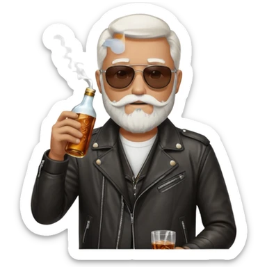 Un motero de perilla blanca, gafas oscuras chupa de cuero y bebiendo de una botella de Jack Daniel's. sticker