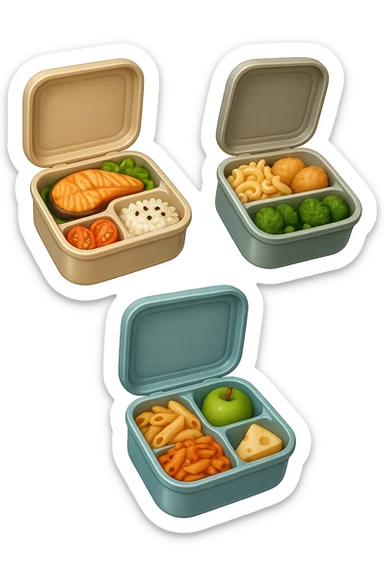 EMOJI STILE IPHONE DI UN 3 schiscette con poco cibo dentro, fluttuano in aria REALISTICA 4K sticker