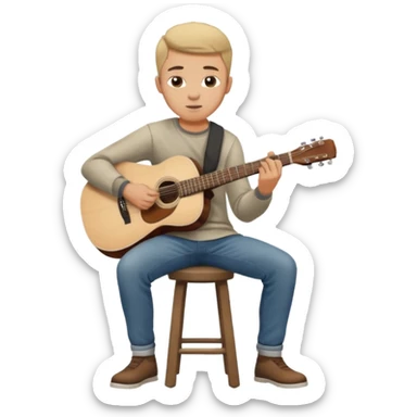 Young man – sitting on stool, casual clothes, playing acoustic guitar, focused expression.
 sticker