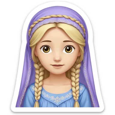 
mujer, Joven, de aspecto dulce y elegante.
Piel clara, ojos grandes y expresivos, sonrisa triste.
Rubio o castaño claro, largo, con trenzas o velo.
Vestido largo de tonos suaves (blanco, azul o lavanda), con bordados dorados; toca fina cubriendo la cabeza. cuerpo entero
 sticker