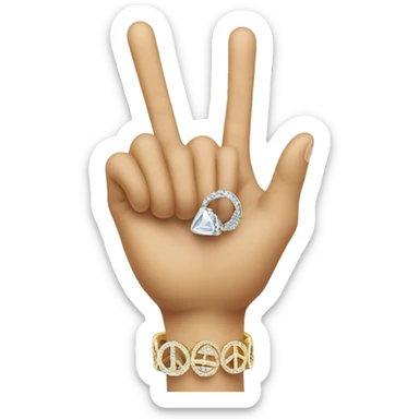peace fingers wearing a big ring with diamond sticker
