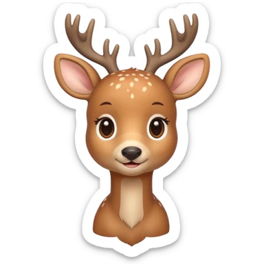 A cute deer is lying, small and simple, with big round eyes, a gentle smile, short antlers, soft beige fur with slightly lighter spots on its back, rounded cartoon-like proportions, minimal shading, vector-style, sticker