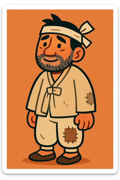 a poor Korean man, simple clothing, humble expression, cartoon style sticker