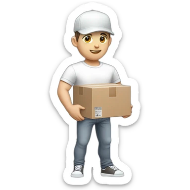 Pale skinned fit Man with dark brown hair in a white cap, gray jeans and gray polo T-shirt keeping a pasted with tape box into his hands sticker