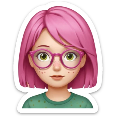 a girl with pink glasses, brownish green hair and freckles sticker