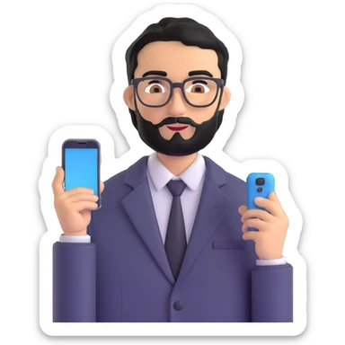 same professional man with medium black beard, neat black hair, connected unibrow, olive tan skin, brown eyes, glasses, prominent nose, dressed in formal black jacket, with mobile phone sticker