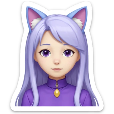 female anime character with long white hair and periwinkle highlights and cat ears on her head. She is wearing a purple outfit with a high neckline and long sleeves.  sticker