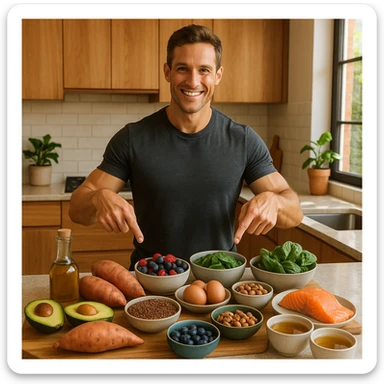 a modern, warm kitchen with natural light and wood details, a fit man stands among a colorful spread of healthy foods including avocados, sweet potatoes, olive oil, berries, quinoa, eggs, leafy greens, nuts, salmon, and herbal teas, smiling and pointing to his favorites, vibrant health-focused lifestyle photo style sticker