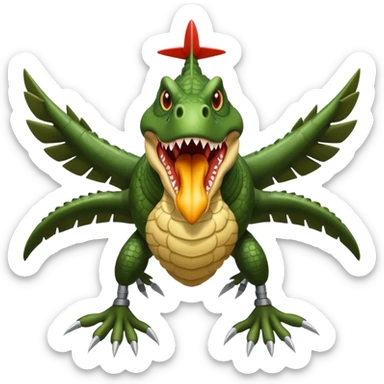crocodile head with a terrifying mouth merged with a military bomber body, arms as airplane wings with rockets, legs as massive chicken legs like a hut on chicken legs, moving with a roar, trail of destruction sticker