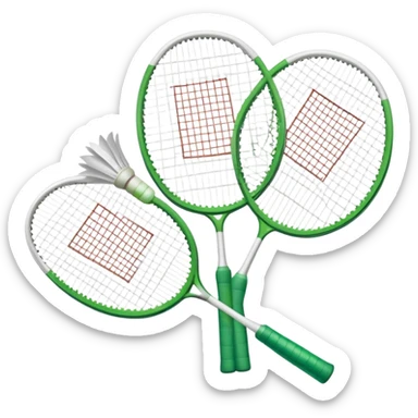 Two crossed badminton rackets with a shuttlecock resting in between, set against the faint outline of a badminton court. The image highlights the tools of the sport, with a subtle emphasis on the court's net and boundaries, symbolizing competition and skill. sticker