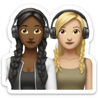 2 friends with headphones blonde and brunette    sticker