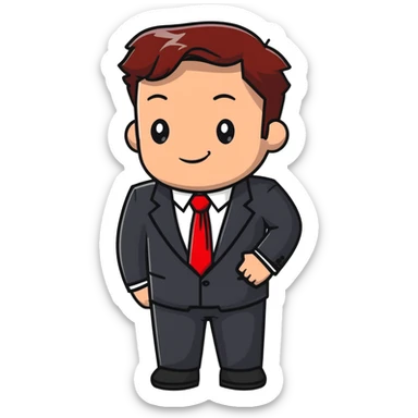 man wearing a suit with black horizontal stripes and a red tie sticker