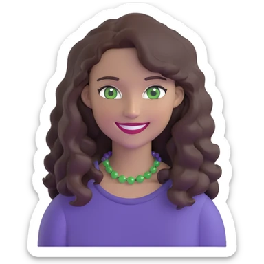 woman with wavy dark brown hair and green eyes, smiling sticker