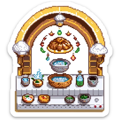 A divine baker surrounded by floating utensils, radiant ingredients, and a halo of light. The oven levitates, powered by pure energy. UI resembles clouds, golden rays, and ethereal scrolls—like a heavenly recipe interface. sticker