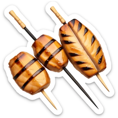 Cinematic Realistic Yakitori Dish Emoji, depicted as skewered, grilled chicken pieces with a charred finish rendered with crisp textures and appetizing, natural lighting. sticker