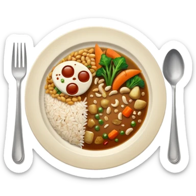  dirty plate after eating, leftover food scraps, vegetable pieces, rice grains, sauce stains on the plate, fork and spoon placed beside the plate, no face, no character, no human features, realistic food leftovers, clean and simple background, soft lighting, high quality, emoji style sticker