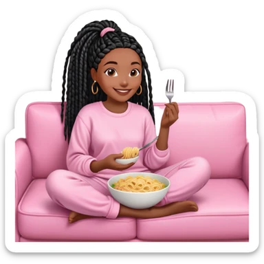 A dark-brown-skinned Black woman with black box braids, sitting on a pink couch, holding a bowl of pasta with a fork, smiling or enjoying the meal. She’s wearing casual, comfy loungewear, relaxed in a cozy setting. sticker