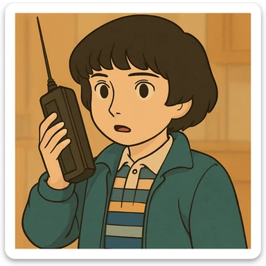 Mike Wheeler with a well-defined bowl haircut, wearing iconic first season clothes (blue striped shirt and jacket), simple and delicate line art, colored in pastel tones, with thick and dark outlines, in Ghibli style, 1:1 format. sticker
