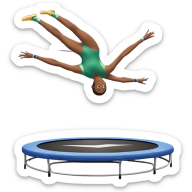An athletic person soaring high above a trampoline, executing an acrobatic flip with perfect form. The scene captures motion and energy, with a dynamic pose, stretched limbs, and a focused expression. The background suggests a professional trampoline arena with safety padding. sticker