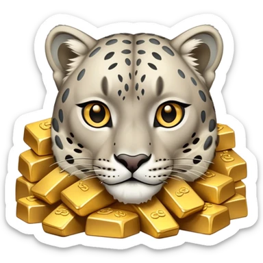 snow leopard symbol of Kazakhstan looking on pile of gold sticker