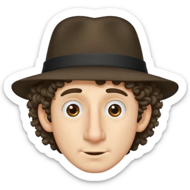 a guy with a huge nose short stringy curly hair and a small hat sticker