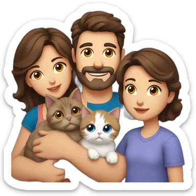 Family with dad with brown eyes and short dark hair, mother with blue eyes and wavy brown hair, young baby, one Persian cat sticker