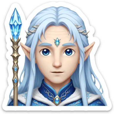 Legendary fantasy Christmas elf portrait icon, Santa Claus and Snow Maiden inspired, ancient winter spirit style, long flowing white-blue hair, glowing frost eyes, crystal staff, elegant elven features, divine winter magic aura, icy silver color palette, highly detailed but clean emoji icon male sticker