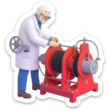 Elderly Russian scientist operating winch equipment on vintage marine geology research ship sticker