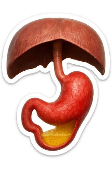 stomaco umano anatomico infiammato con acido giallo all'interno fluttua in aria insieme ad un diaframma umano, iperrealistico 4k, isolato su sfondo bianco sticker