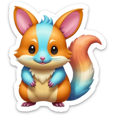  Shiny iridescent light warmly colored reddish-orange-gold-gradients neon vibrant bioluminescent colorful pastel flourishing flurry fuzzy Minccino-Furret-Zangoose-Chinchilla-Stitch-fusion-animal-Fakémon-hybrid-creature  sticker