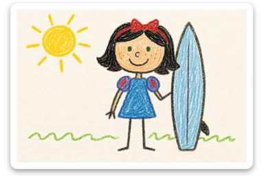 14-year-old girl resembling Snow White, hair slightly below shoulders, small green eyes, some freckles, surfer, medium height, children's doodle style sticker