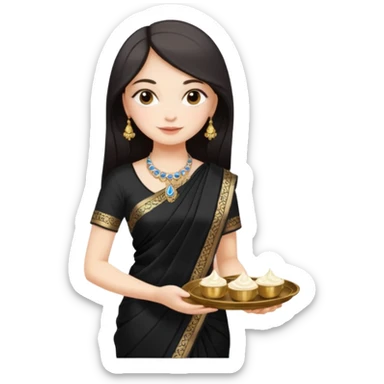 Russian girl in Indian black saree with full image from head to leg and holding a cream colour small tray in her both hands sticker