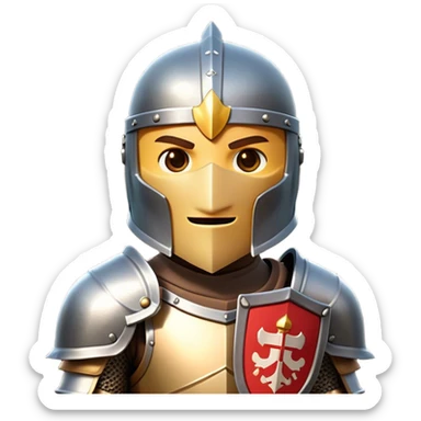Clash of Clans style friendly Knight Portrait Emoji, With simple armored build featuring a gleaming suit adorned with simple heraldry and a covered fave behind a visored helm, his face rendered in a natural skin tone (not yellow), Simplified yet dynamic features, highly detailed, glowing with a cool, steely radiance, high shine, courageous and resolute, stylized with an air of chivalric valor, focused and stalwart, soft glowing outline, capturing the essence of a valiant knight ready to charge into epic quests with honor! sticker