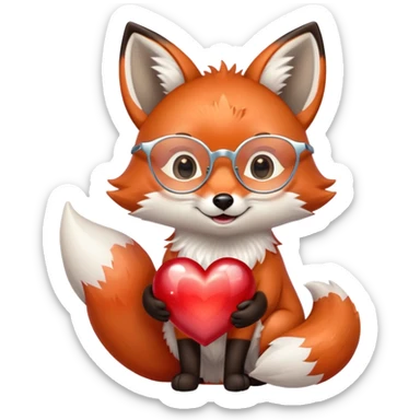 A dreamy fox with iridescent fur, a glowing tail, a silver star on its forehead, and round glasses, hugging a big red heart and smiling warmly. 🦊❤️ sticker