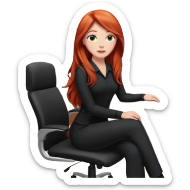 Video call therapy session: red-haired therapist with long hair wearing black minimalist clothing, seated in a professional home office, looking at the webcam; calm, modern teletherapy setting sticker