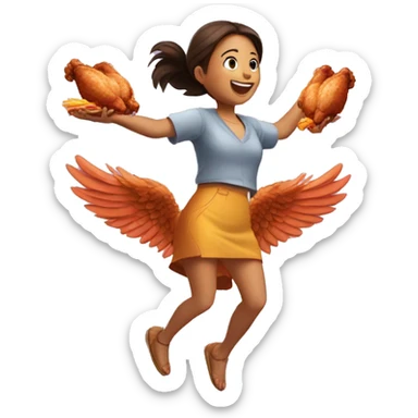 a girl flying with two delicious bbq chicken wings on her back sticker