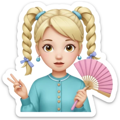 A pigtail girl in modern outfit using a pastel fan with playful expression. sticker