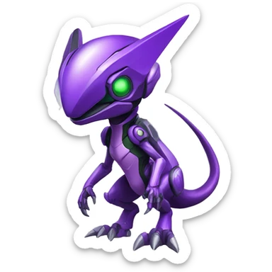a chibi-style purple-green Genesect-Raptor-Fakémon—hybrid with a futuristic visor-helmet full body sticker