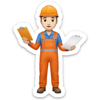 railway engineer full body in orange overalls, carrying a piece of paper with both hands in front of him sticker