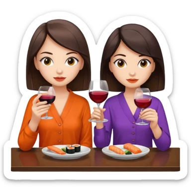 Two brunette girls eating sushi and drinking wine, first girl has a purple blouse and the second girl has an orange blouse sticker